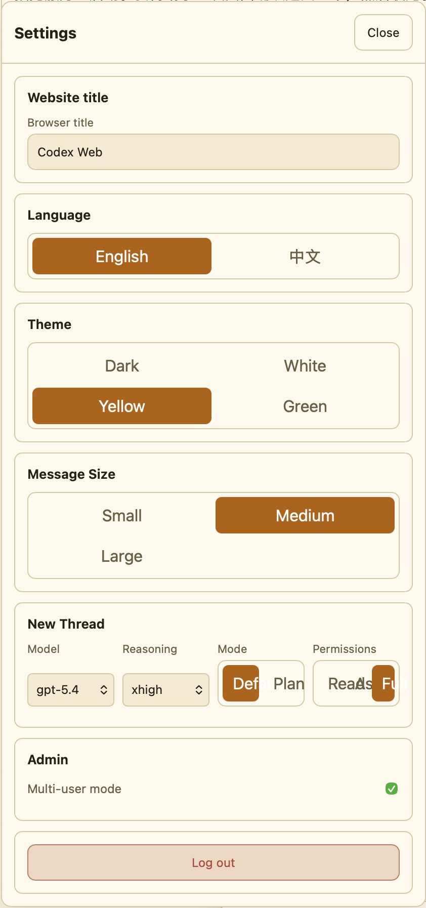 Codex Web 英文设置页面